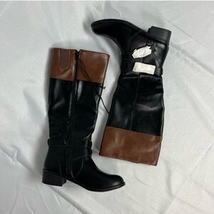 faux leather….beautiful two- tone riding boots. Brown and black